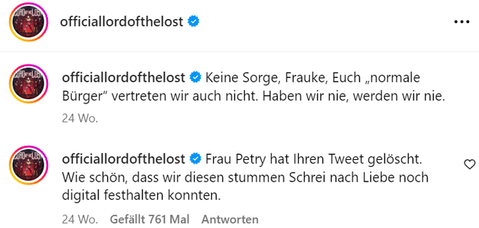 LORD OF THE LOST antworten Frauke Petry LORD OF THE LOST antworten Frauke Petry